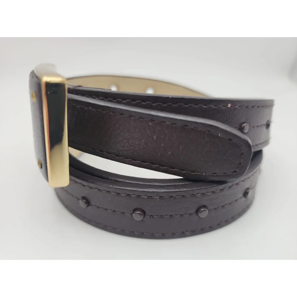 Vintage Chico's Skinny Belt Wood & Brass Rectangle Statement Buckle 35